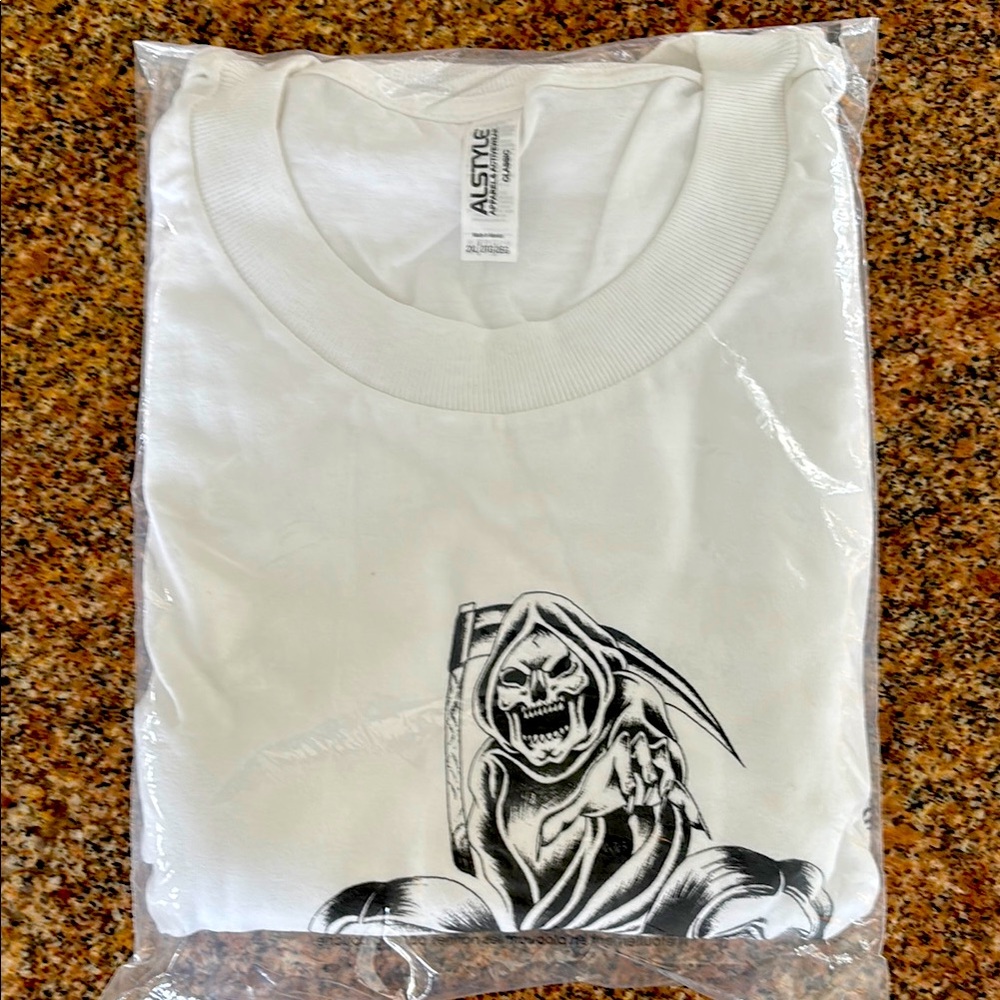 Alstyle White Tee with Black Grim Reaper Design